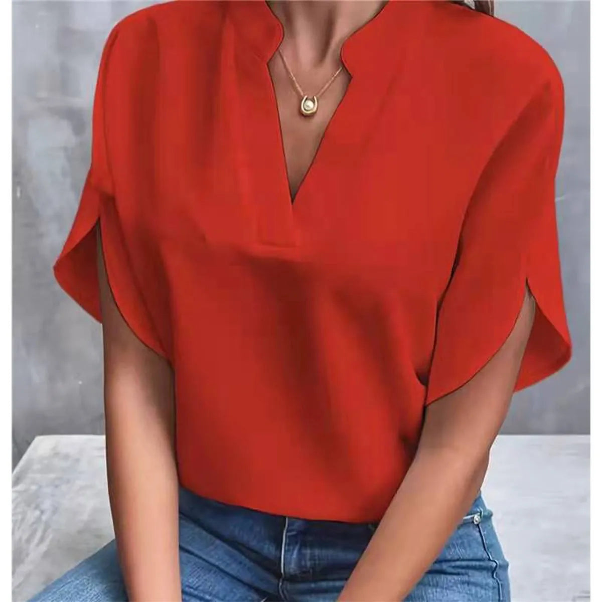 Women's Summer Solid Color Casual V-Neck Short Sleeve Shirt
