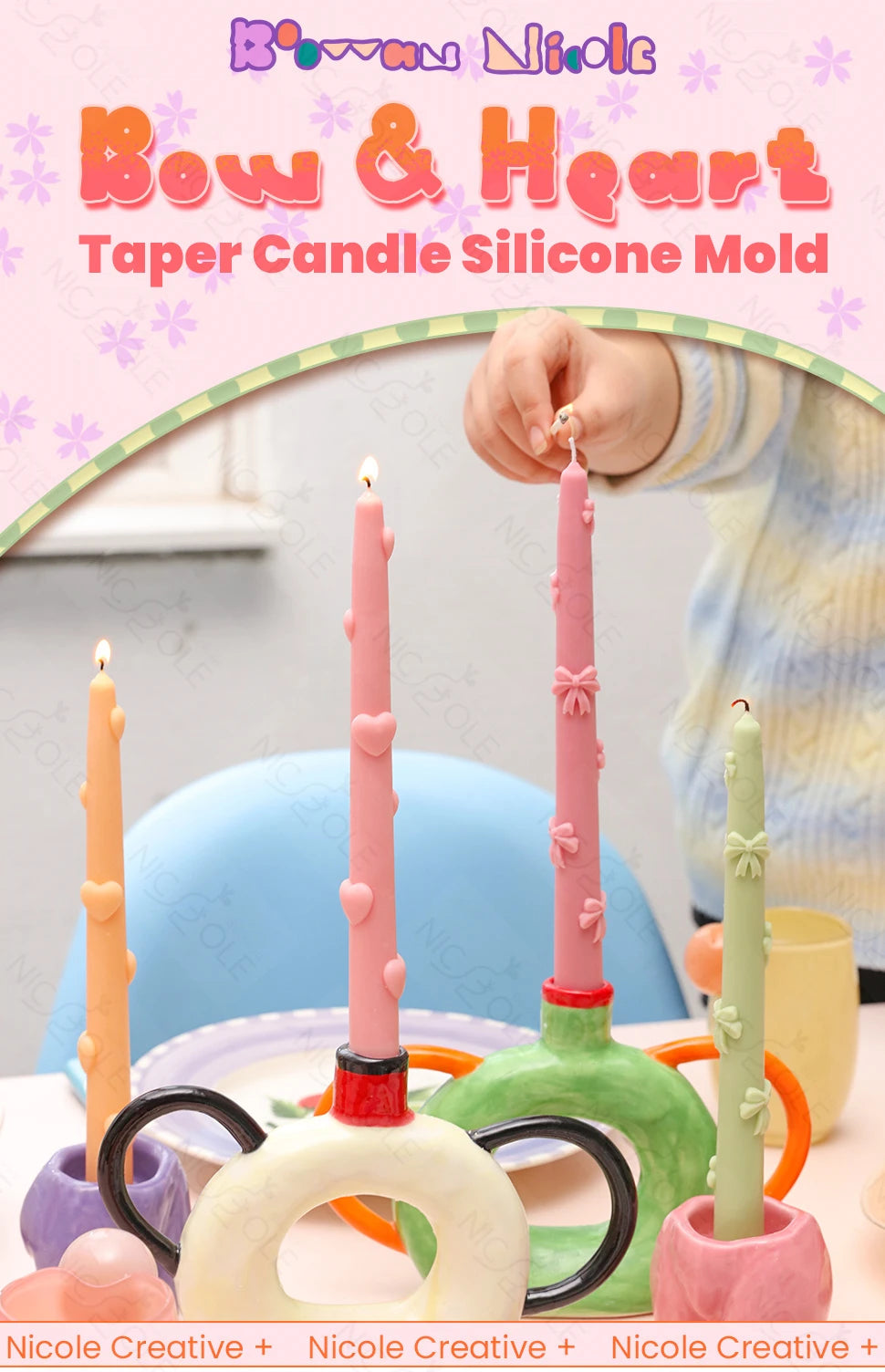 Silicone Bow and Heart Taper Candle Mold for Homemade Decor