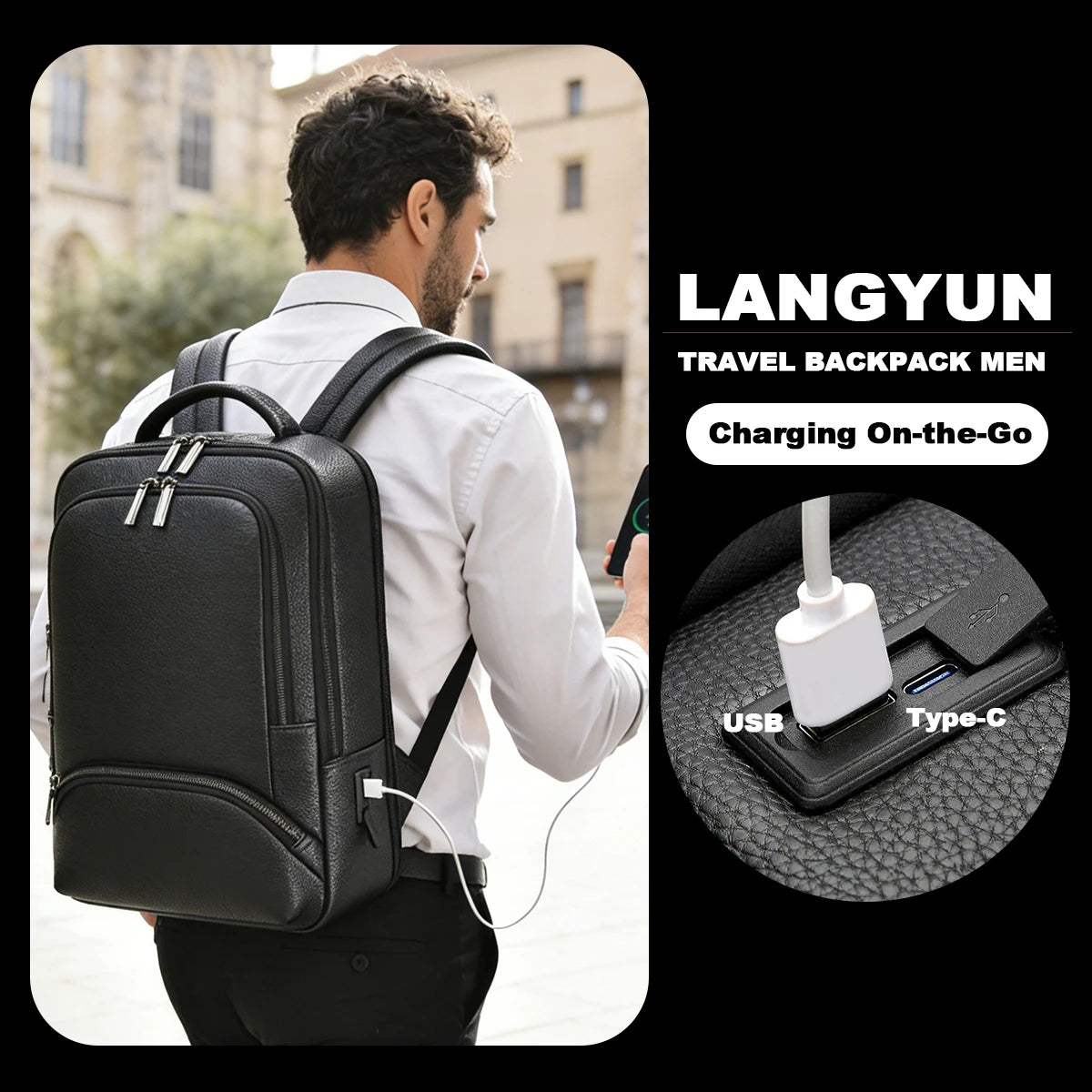 Mochila de piel sintética para hombre | Elegante bolsa para portátil de 15,6 pulgadas