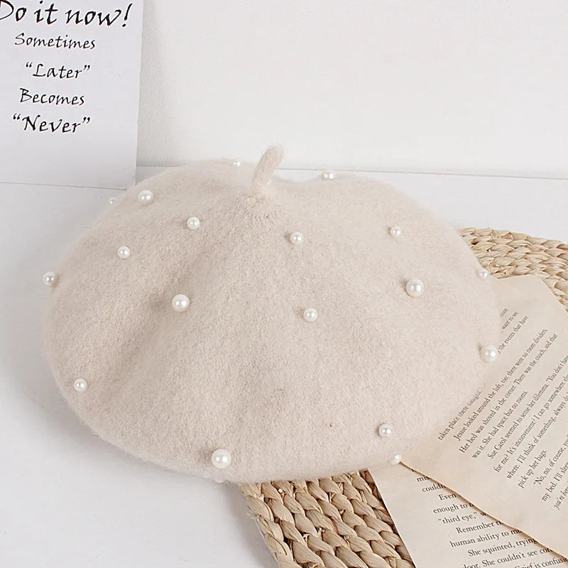 Wool Kids Winter Hat | Stylish Baby Beret with Pearl Detailing