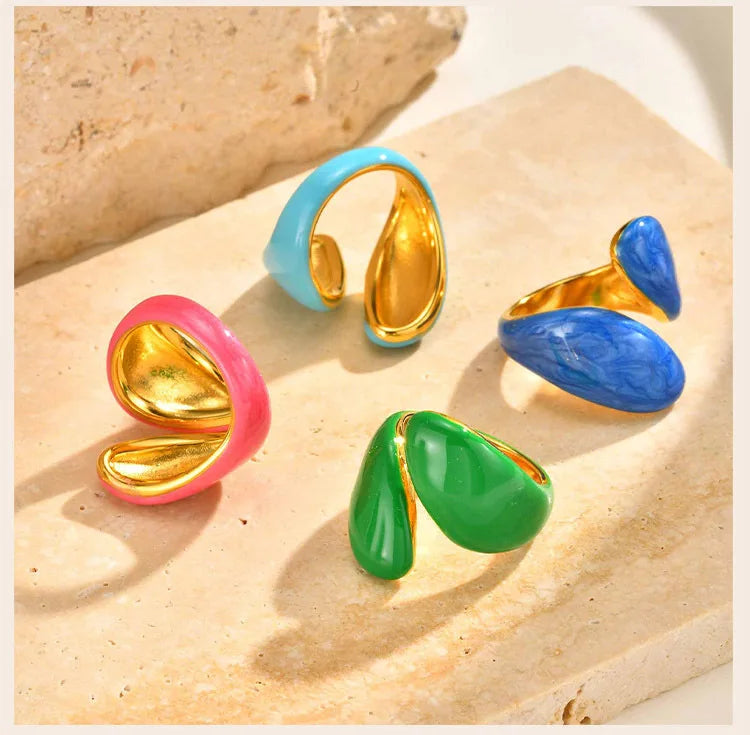 Chunky Open Twist Stackable Rings for Women, Blue Geometric Bold Enamel Crossover Statement Ring Band Waterproof