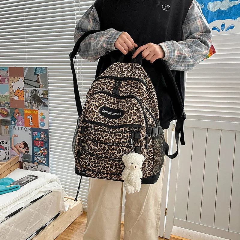 Vintage Leopard Print Backpack, Large Capacity School Bookbag with Side Mesh Pouch, for Students Travel Outdoor Streetwear