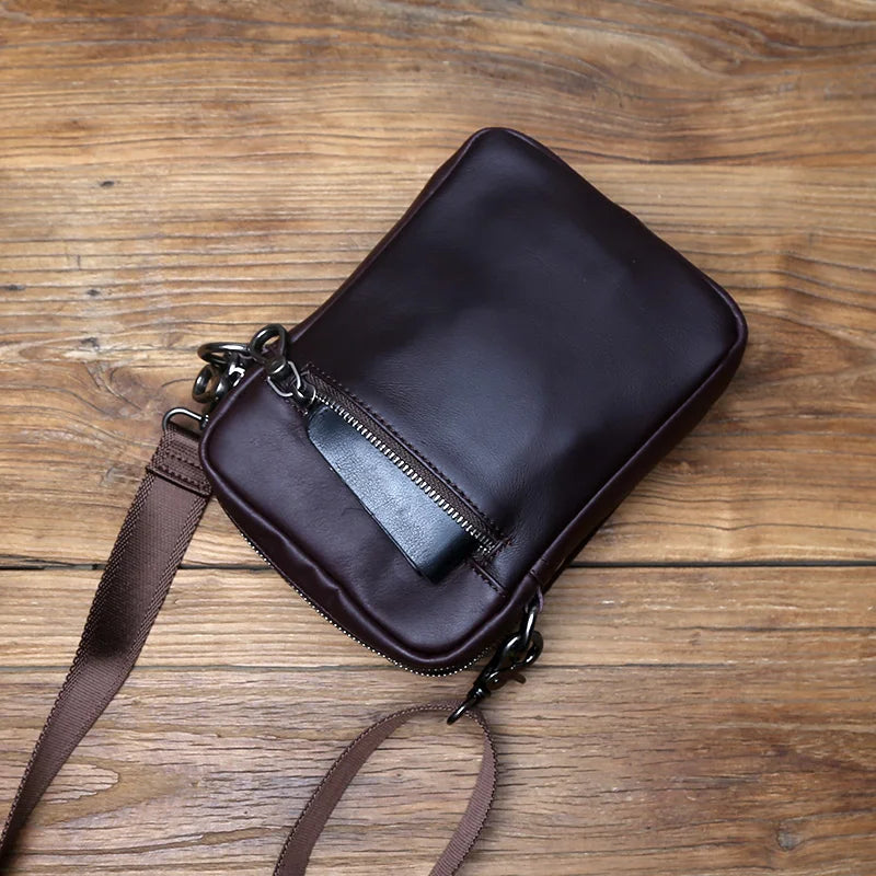 NZPJ Vintage Genuine Leather Men's Shoulder Bag Natural Cowhide Crossbody Bag Casual Small Backpack Suitable for 8-inch iPad