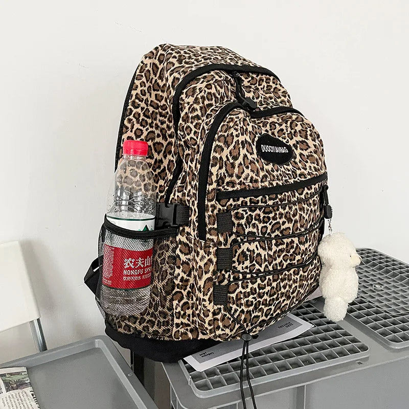 Vintage Leopard Print Backpack, Large Capacity School Bookbag with Side Mesh Pouch, for Students Travel Outdoor Streetwear