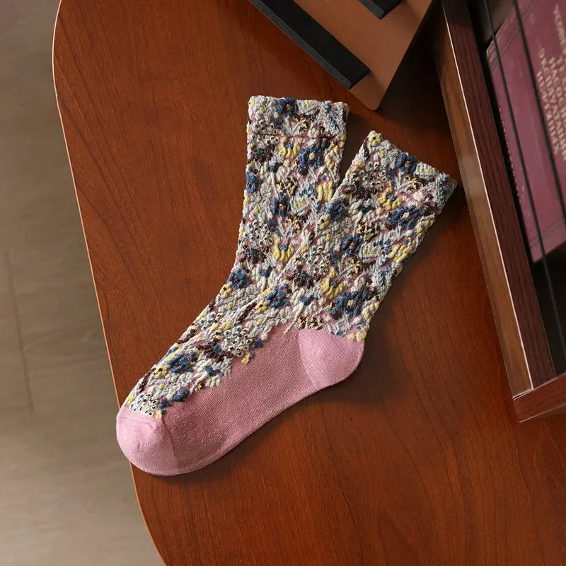 Women’s Vintage 3D Flower Embroidery Socks | Retro Chic Comfort