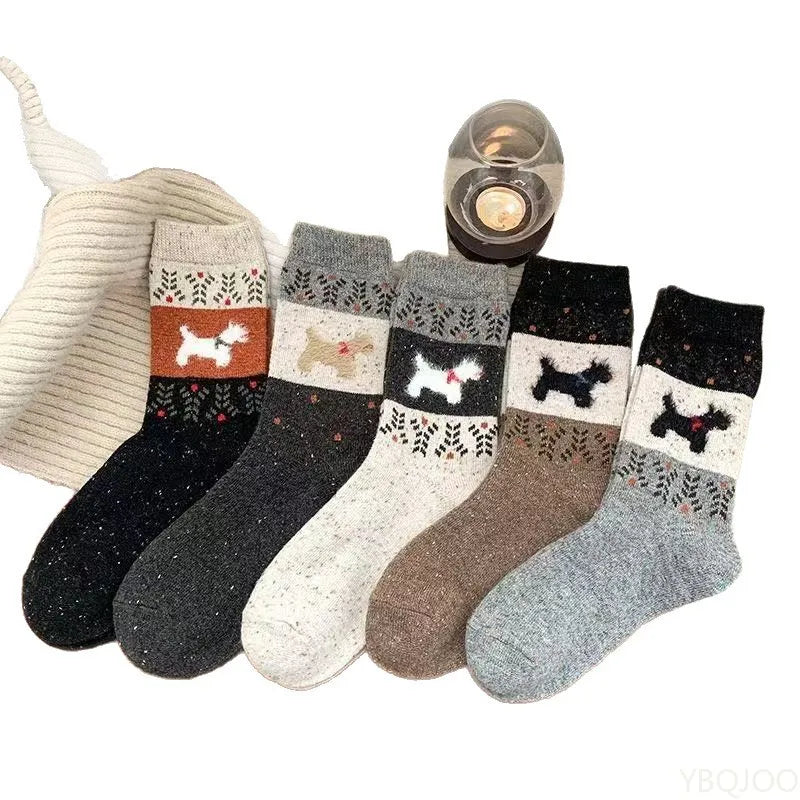 5 Pairs Dog Pattern Plush Women's Socks | Cozy Mid-Tube Styles