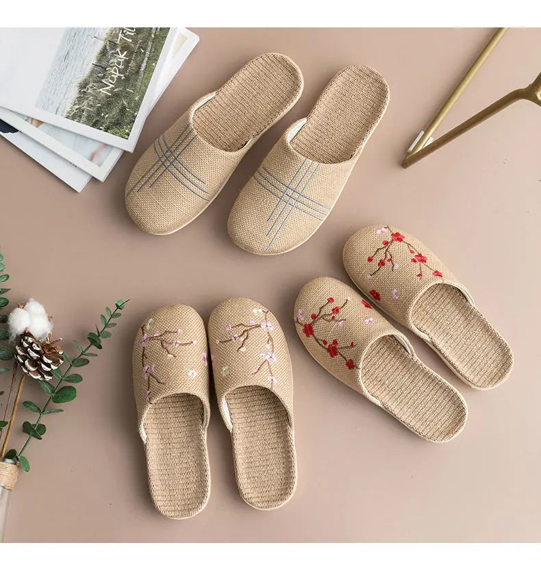 Cozy Indoor Embroidered Linen Slippers for Couples