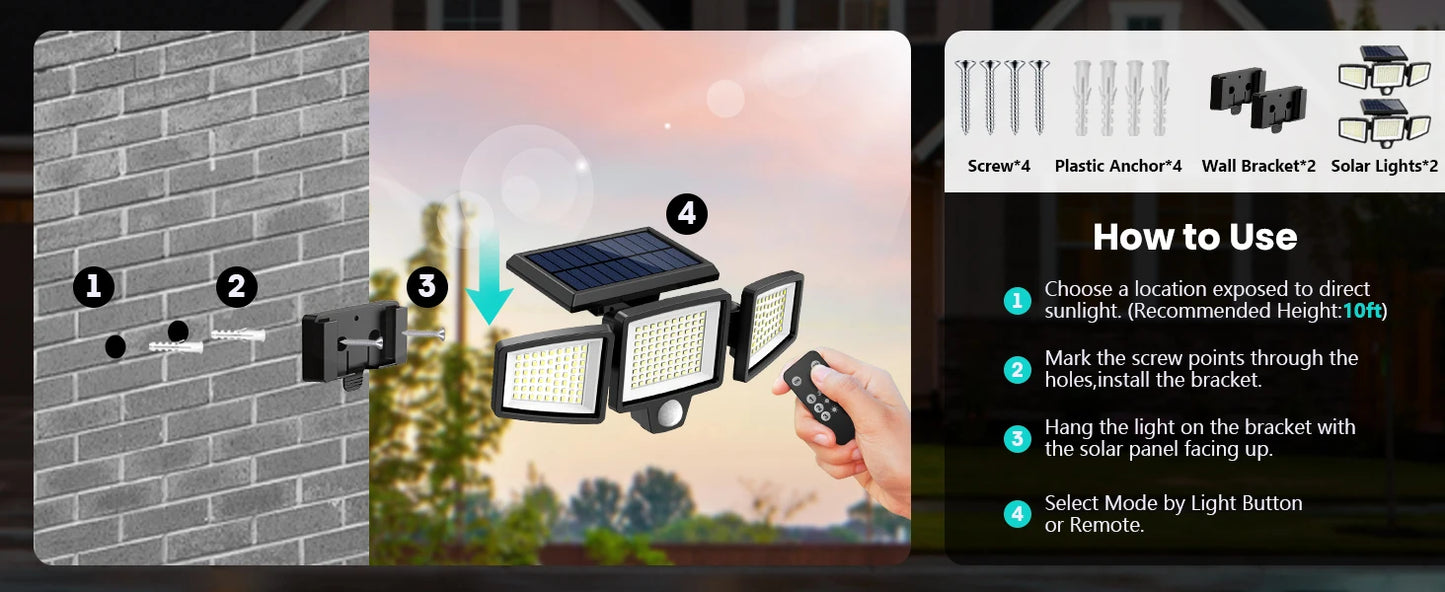 3-Head Solar Outdoor Light with Motion Sensor & Remote Control