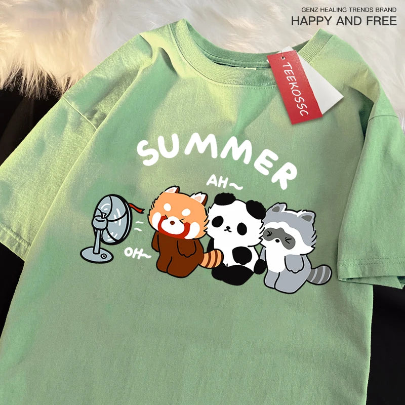 3 Raccoons Blowing Fans Print T-Shirt | Breathable Casual Wear