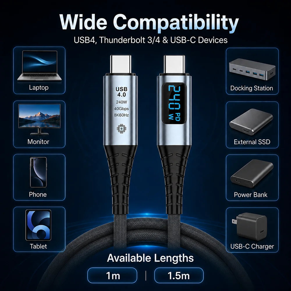 UGOjP USB4 Cable 240W PD Fast Charging with LED Display 40Gbps Data Transfer USB C to C Data Cable for Laptop Phone Tablet