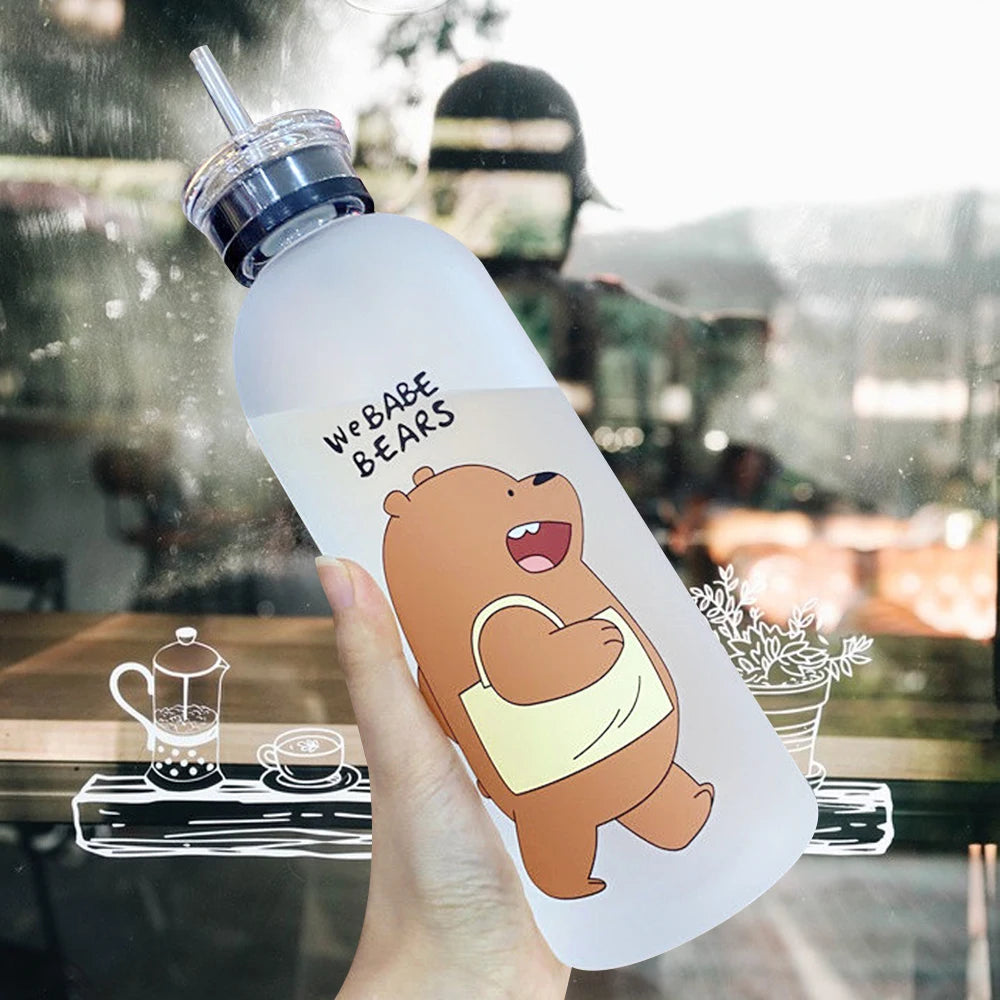 Cute Panda Water Bottle | 1000ml Transparent Frosted Drinkware