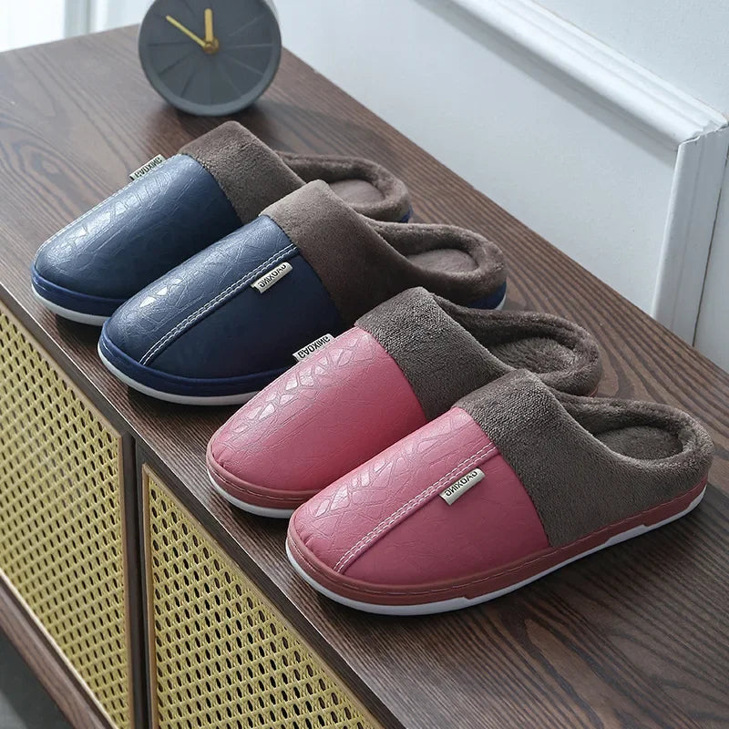 Men's Warm PU Leather Plush Slippers | Cozy Waterproof House Shoes