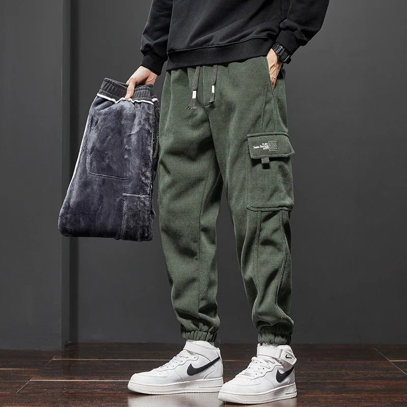 Winter Fleece Warm Men’s Corduroy Jogger Pants Thick Loose Cargo Harem Trousers Velvet Plush Casual Sweatpants