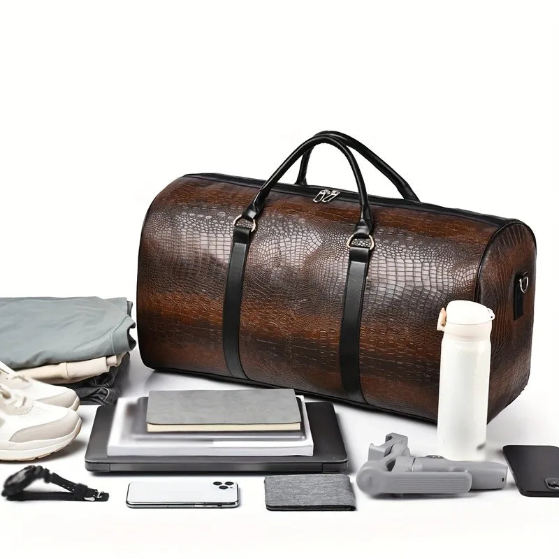 Large Retro Crocodile-Textured Travel Duffel Bag | Durable Vacation Luggage