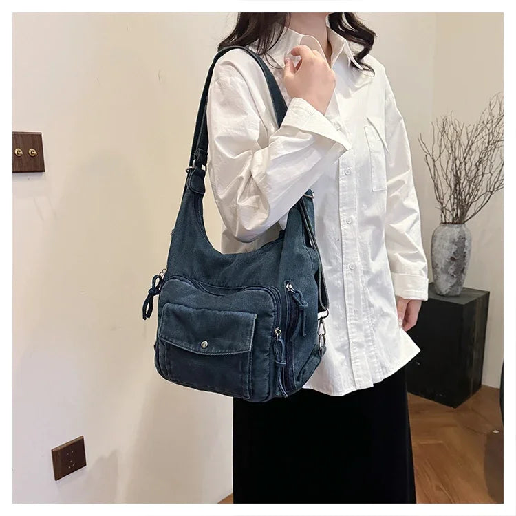 Trendy Solid Color Denim Shoulder Bag | Versatile Women's Crossbody