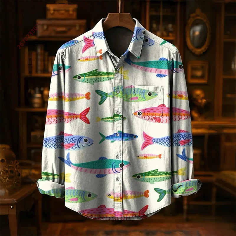 Colorful Fish Print Long-Sleeve Shirt | Trendy Casual Fashion Top