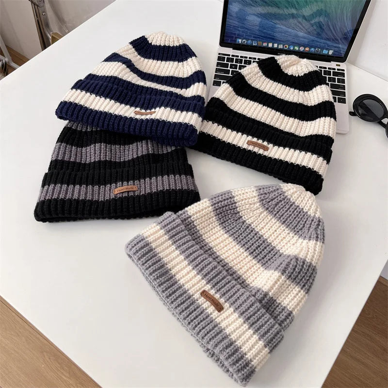 Unisex Winter Knitted Beanie Hat | Trendy Stripe Cotton Cap