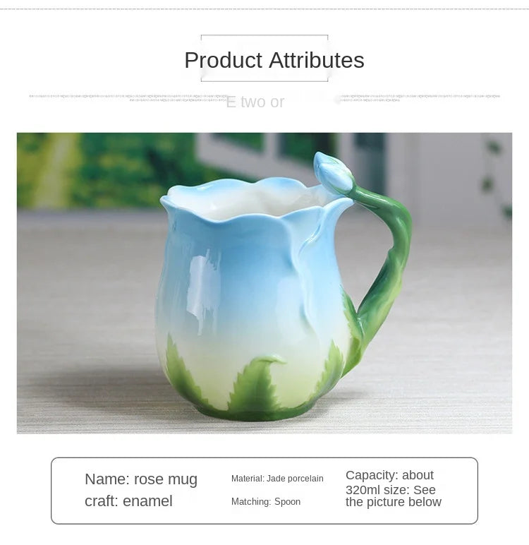 Creative 3D Rose Shape Ceramic Coffee Mug with Spoon - 4 Colors