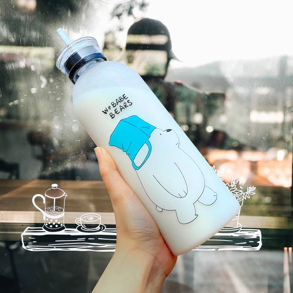 Cute Panda Water Bottle | 1000ml Transparent Frosted Drinkware