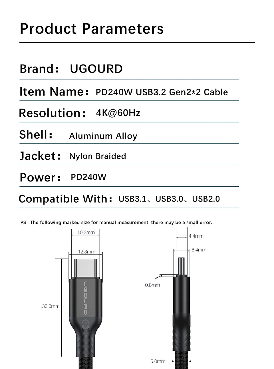 USB3.2 Gen2 Type C to Type C Cable | Fast 240W Charging Cord