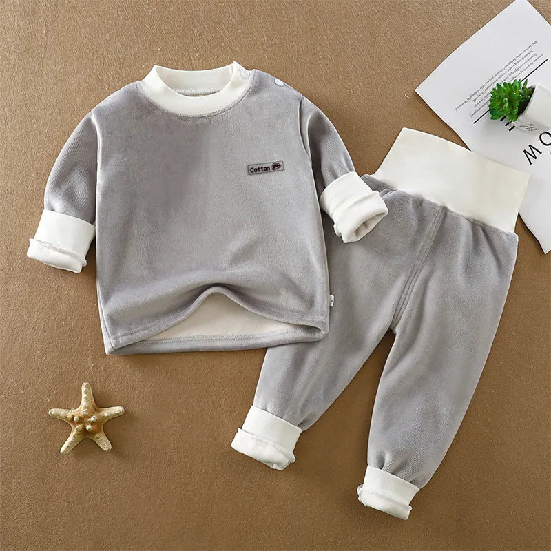 Unisex Kid's Fleece-Lined High Neck Top & Pants Set for Daily Wear