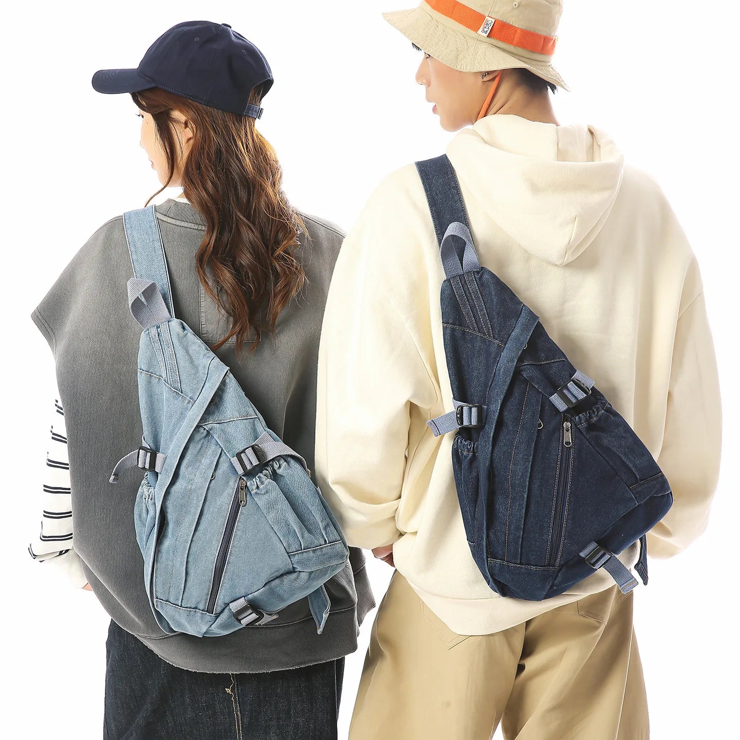 Vintage Washed Denim Sling Bag Man Woman Multifunction Retro Large Capacity Portable Motorcycle Chest Bag