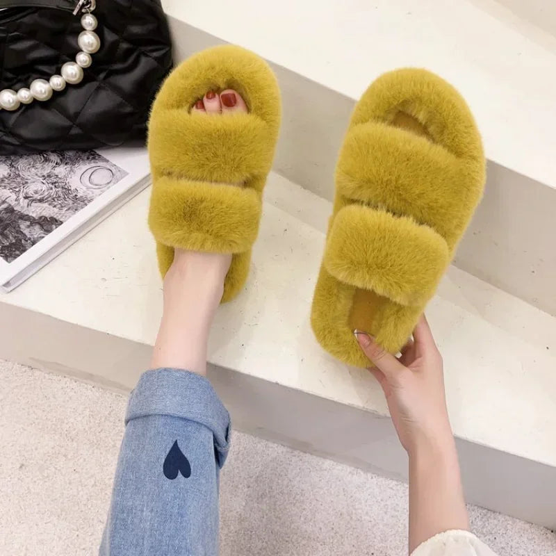 Cozy Double Fur Cross-Strap Plush Slippers | Warm Indoor Footwear