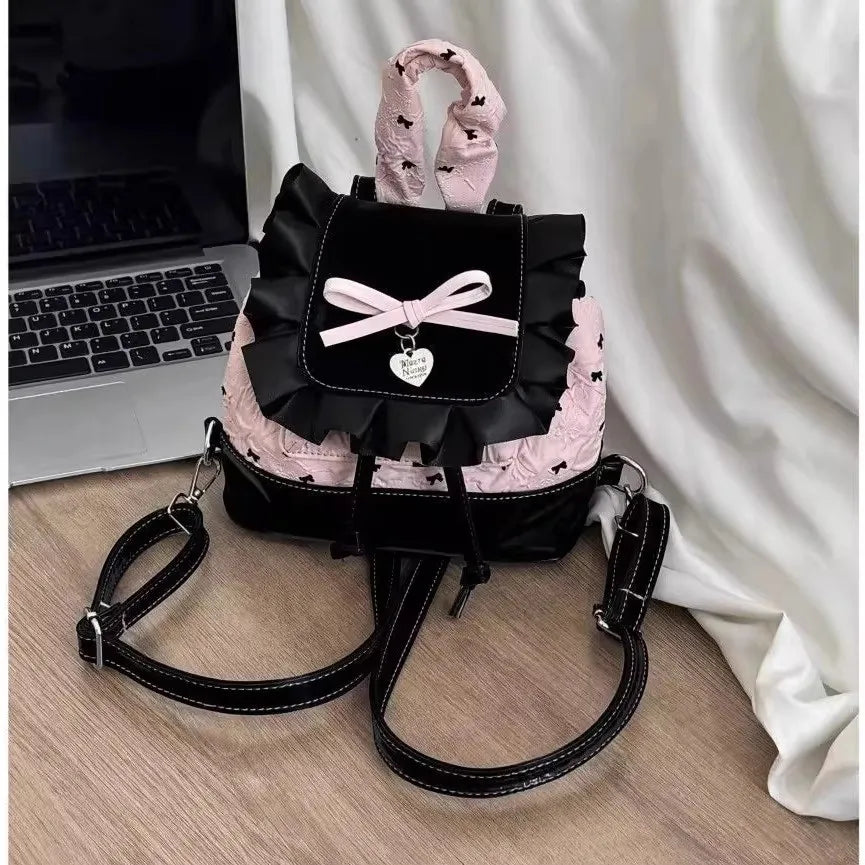 Stylish Black Pink Bow Ruffled Backpack for Women & Girls