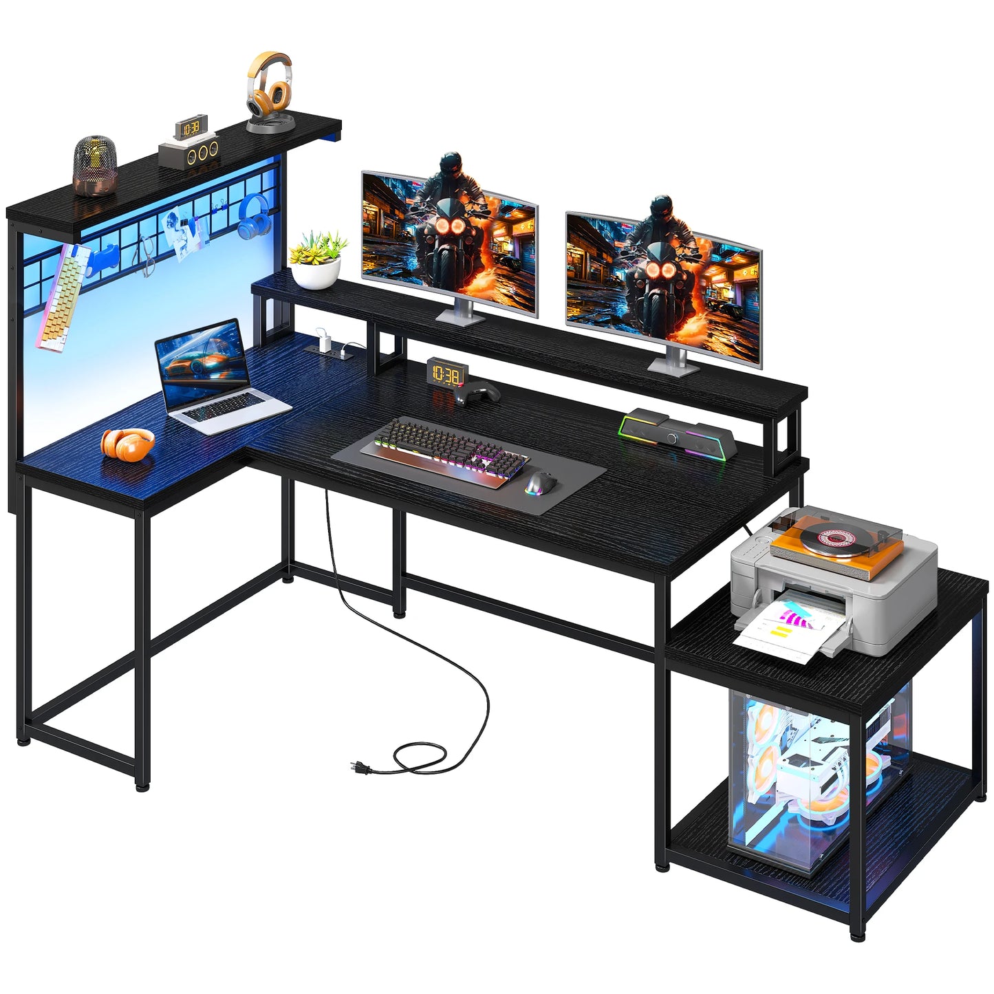 L Shaped Gaming Desk with LED Lights & Power Outlets for Home Office