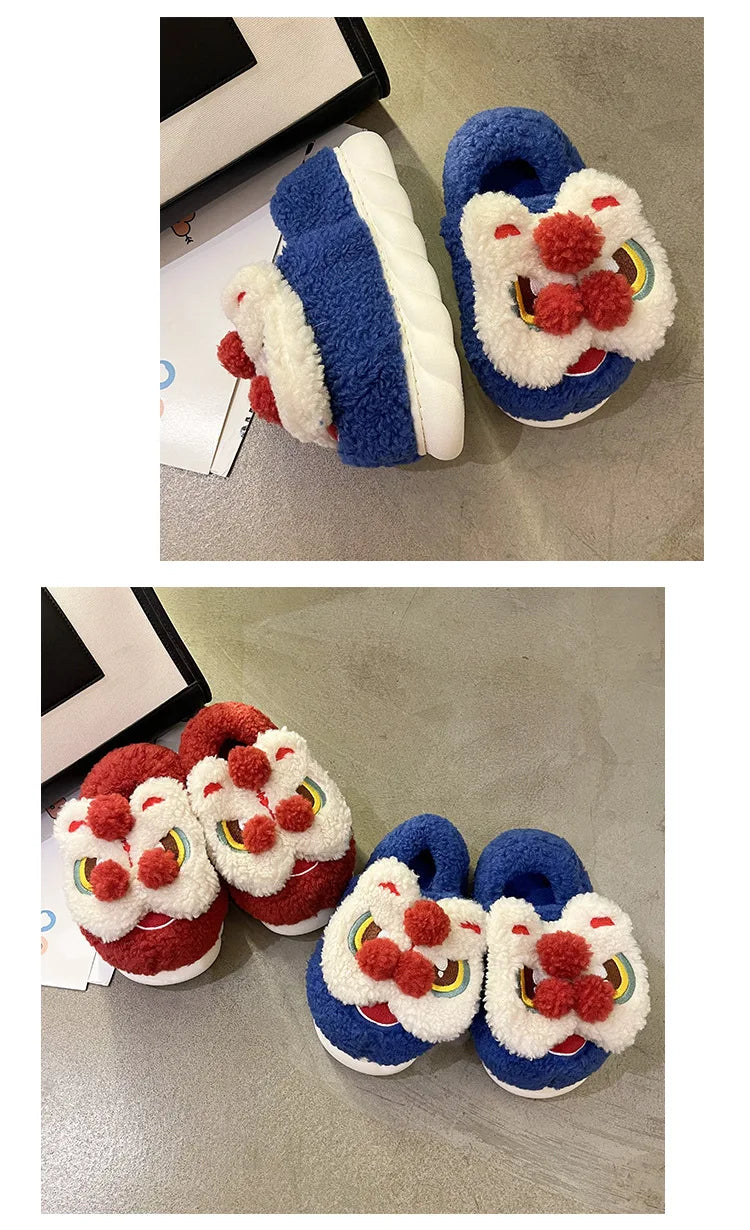 Cute Lion Dance Plush Slippers | Cozy Warm Winter Slides