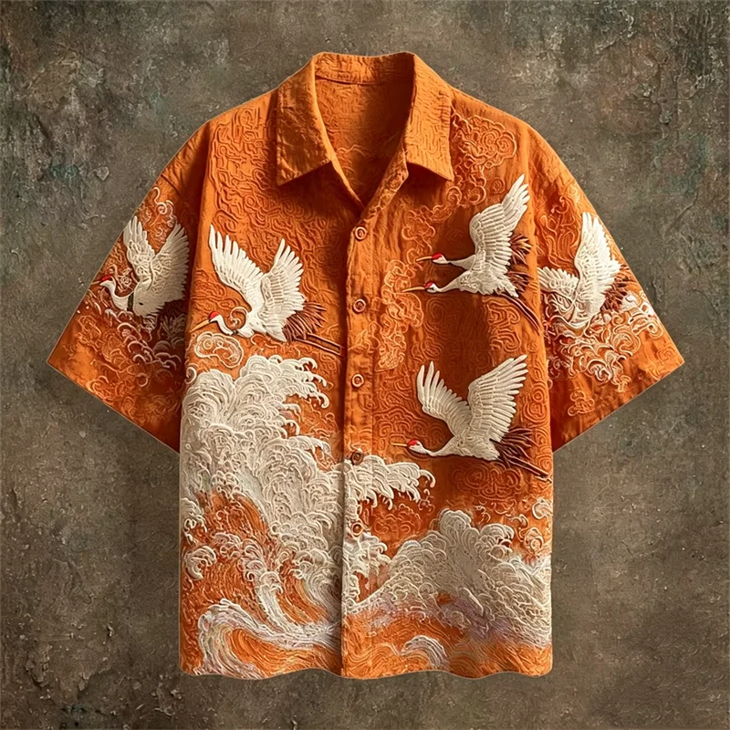 Men's Casual Short Sleeve Shirt | Dark Green Crane Pattern Fabric