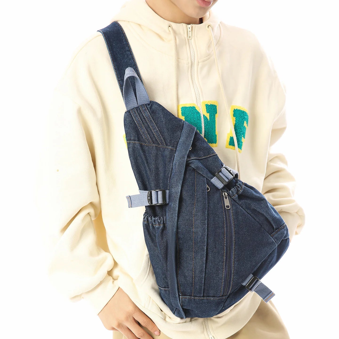 Vintage Washed Denim Sling Bag Man Woman Multifunction Retro Large Capacity Portable Motorcycle Chest Bag