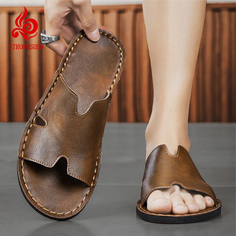 Men's Luxury Leather Slippers | Non-Slip Casual Wear for Summer