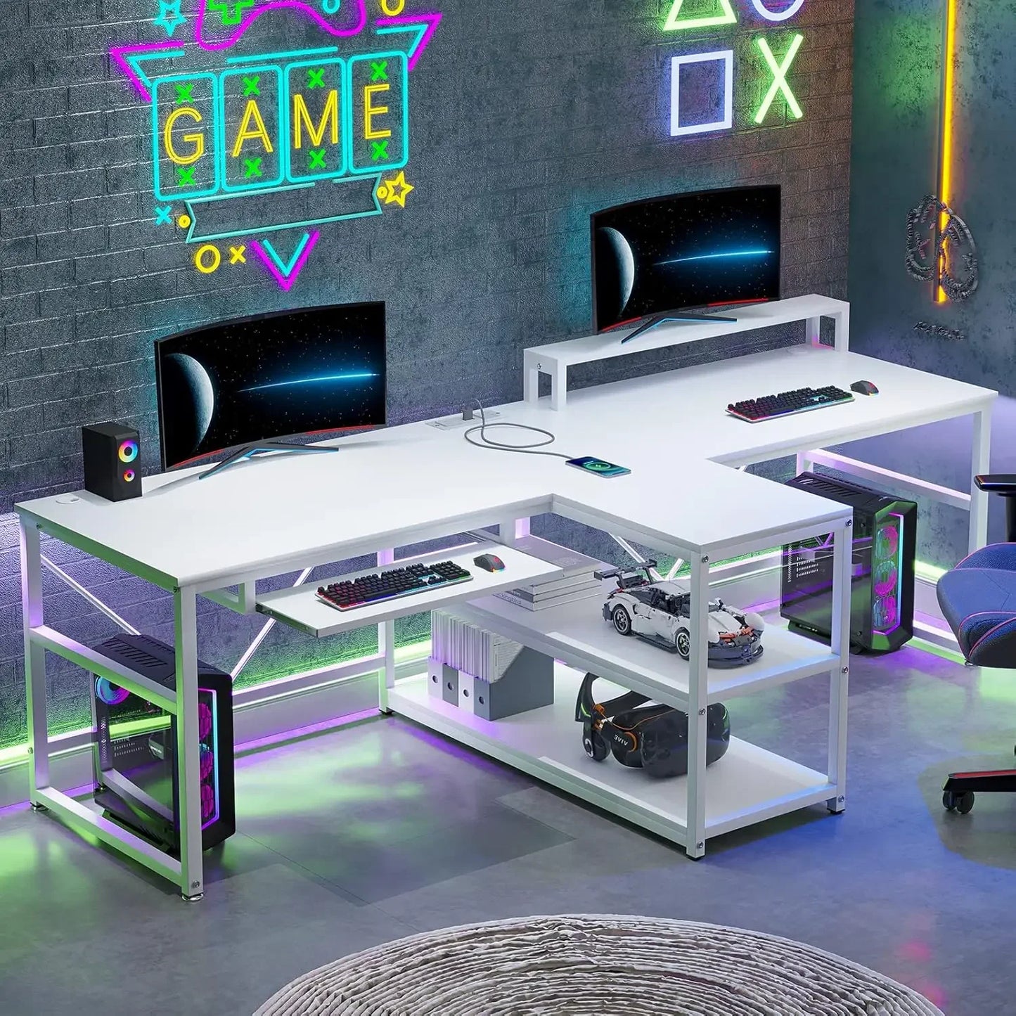 94.5" Dual Person Office Desk with LED Lights & Storage