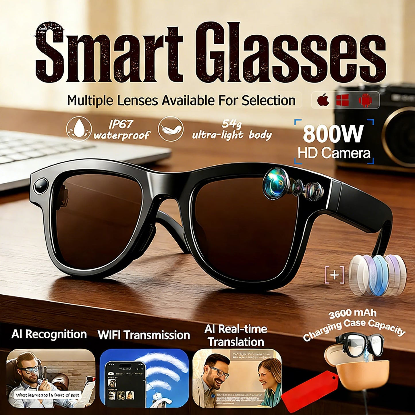 4K Smart Glasses with AI Translation & Video Recording Features