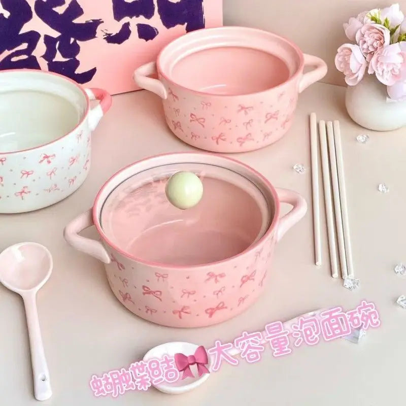 Bol de cerámica con tapa para fideos, diseño de lazo rosa | Adorable tazón para sopa