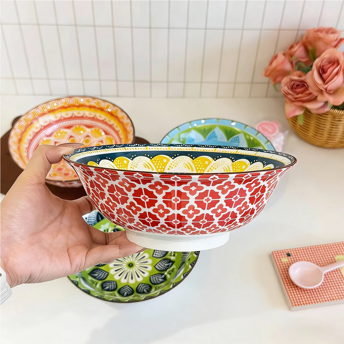 8-Inch Bohemian Ceramic Soup Bowl Set | Dishwasher & Microwave Safe