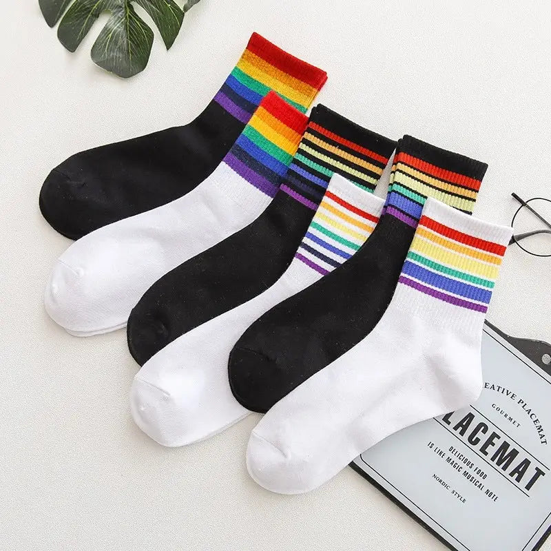 Trendy Women's Autumn Rainbow Striped Tube Socks | Stylish High Tops