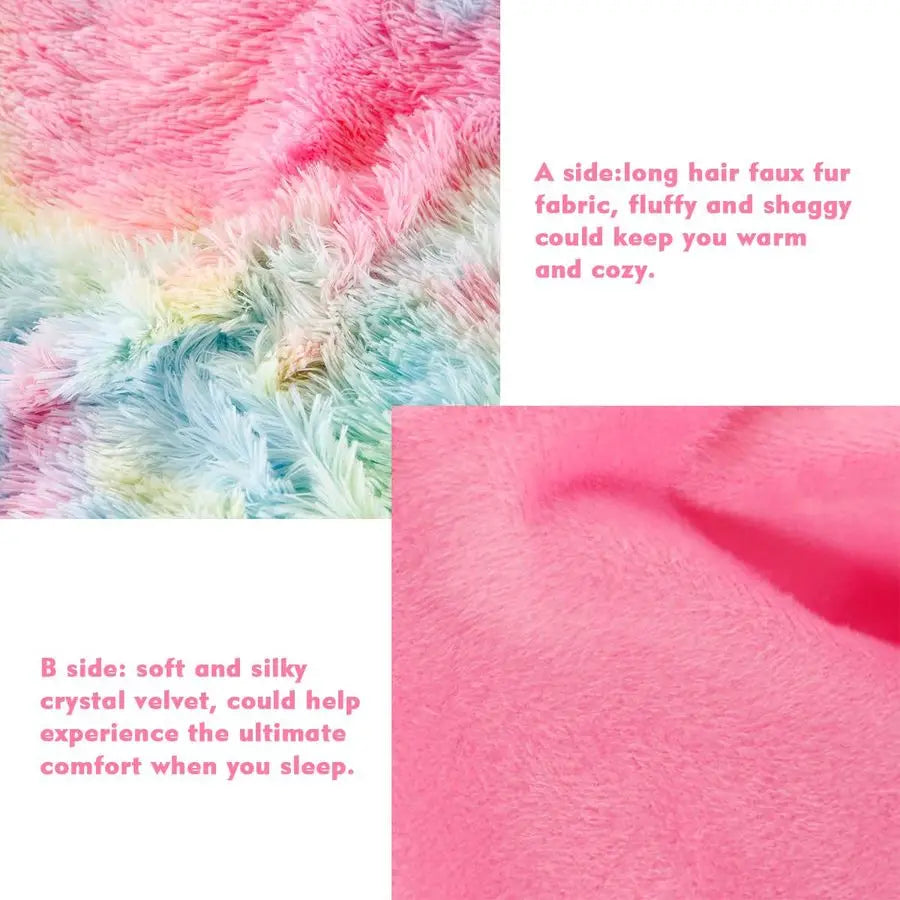 Pink Faux Fur Rainbow Tie-Dye Comforter Set | Cozy Bedding for Girls