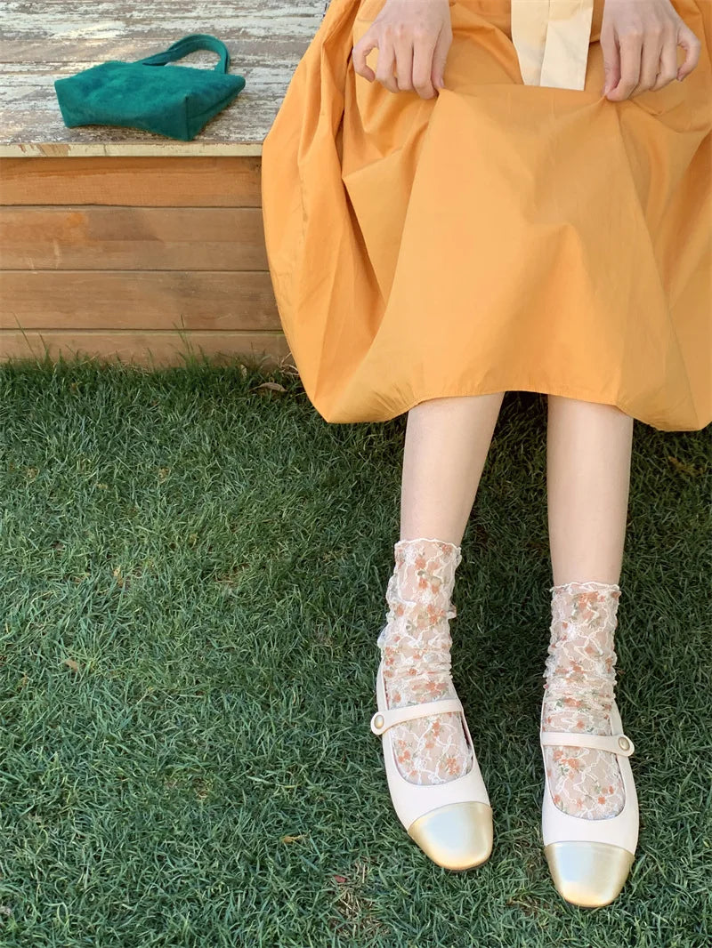 Stylish Korean Lace Flower Long Socks for Women | Breathable Comfort
