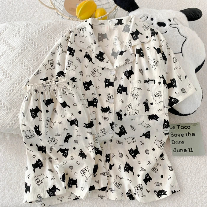 Casual Summer Women's Pajamas Set | Cute Cat & Dog Print Sleepwear