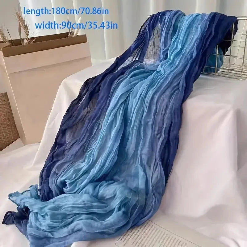 Women's Bohemian Gradient Blue Scarf | Lightweight Ruffled Shawl