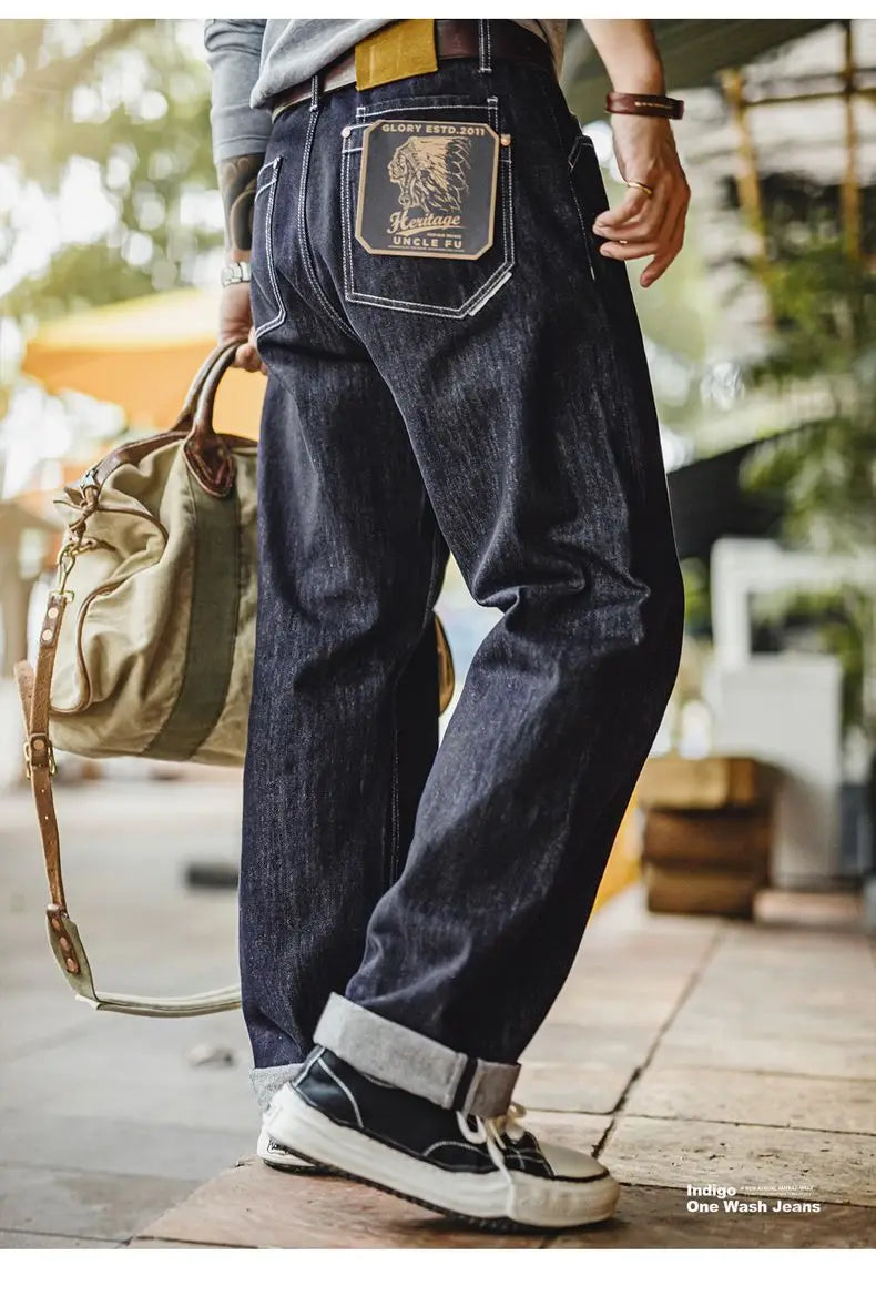 Men's Vintage One-Washed Denim Jeans | Casual Wide Leg Trousers