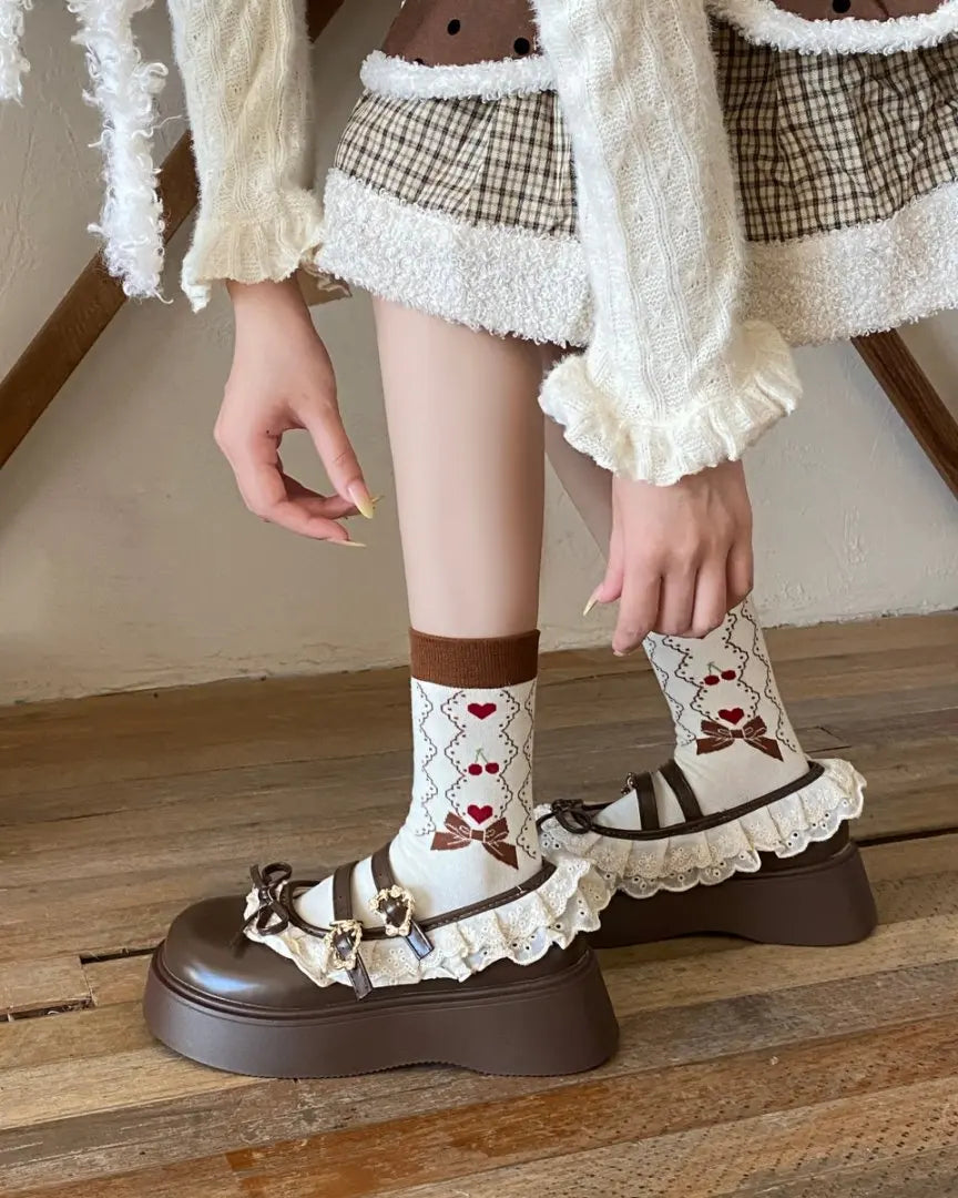 Cute Women's Mid-Calf Socks | Charming Cherry Bow Design