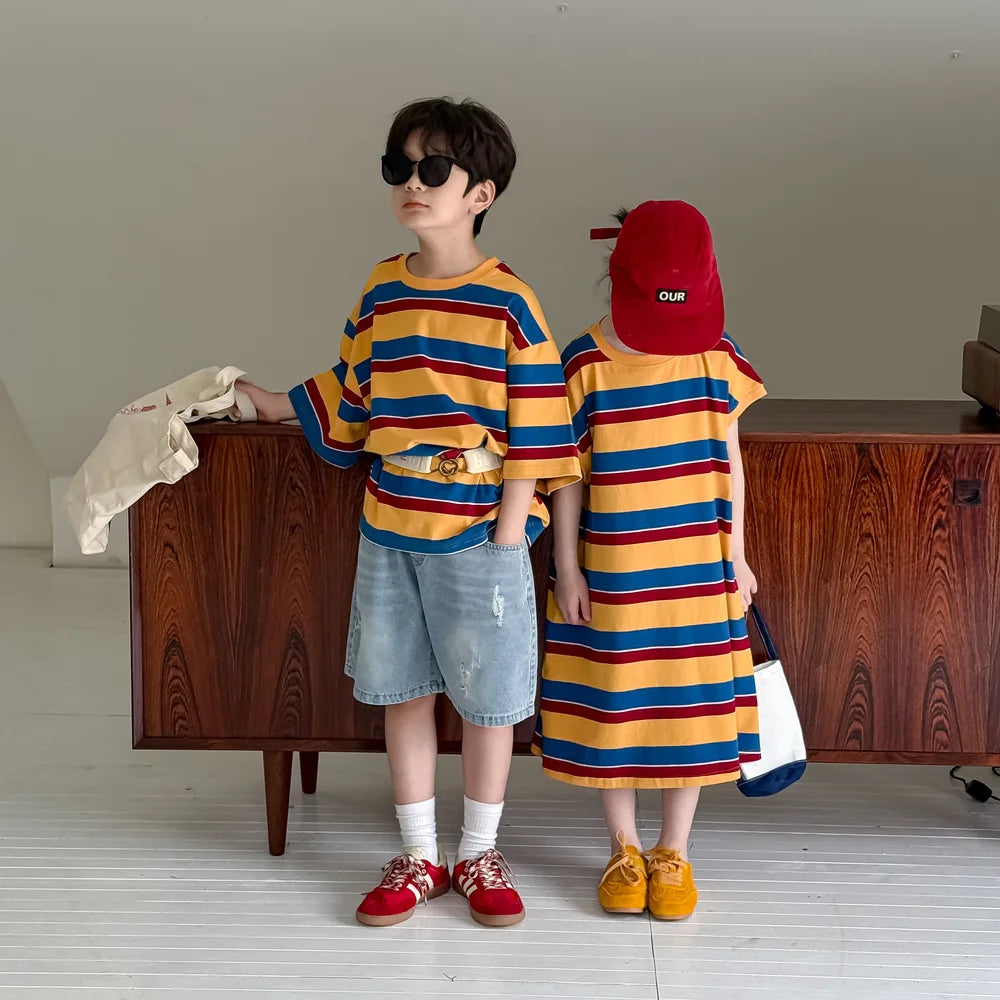 Children's Wide Striped Short-Sleeve T-Shirt for Summer Fun