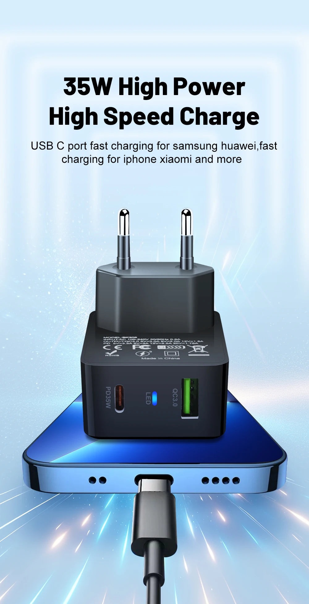 35W GaN Dual Port Fast Charger | USB-C & USB-A Wall Adapter