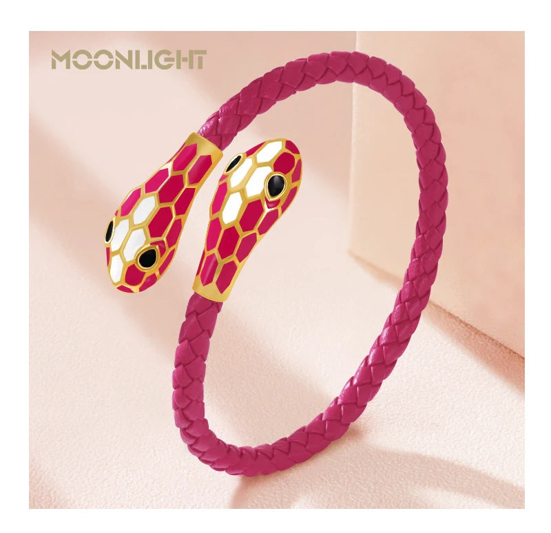 MOONLIGHT Classic Style Double Snake Head Cuff Bangles for Women Genuine Braided Leather Bracelets Female Fashion Jewelry Gifts