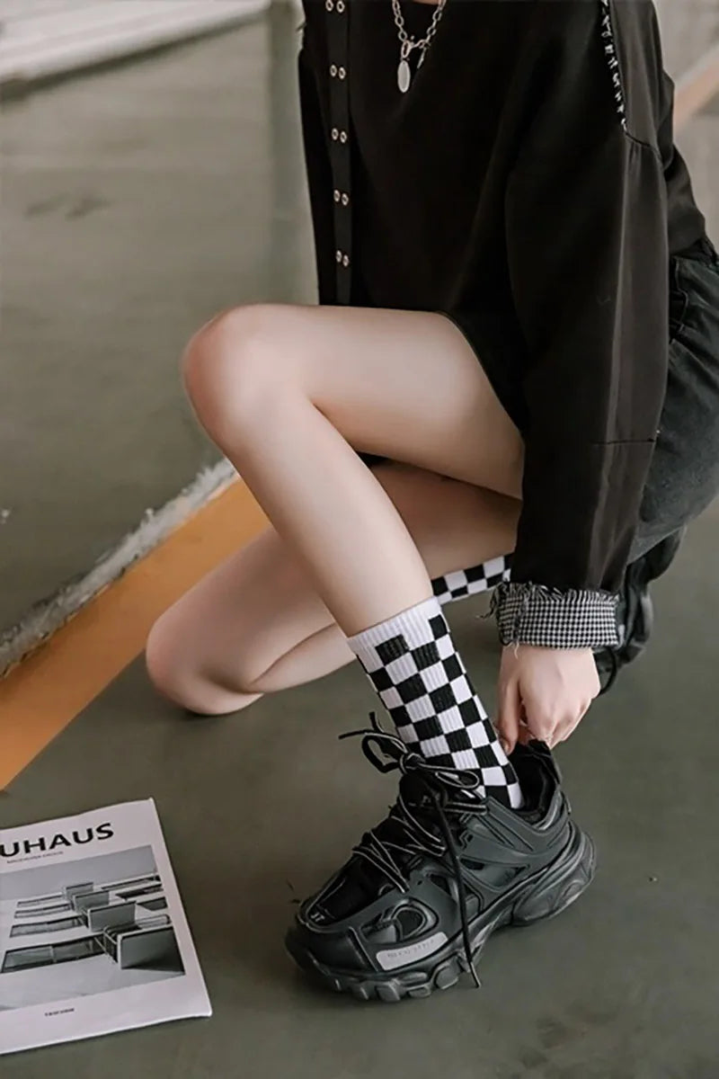 Stylish Women's Checkered Cotton Socks | Trendy Skateboard Socks