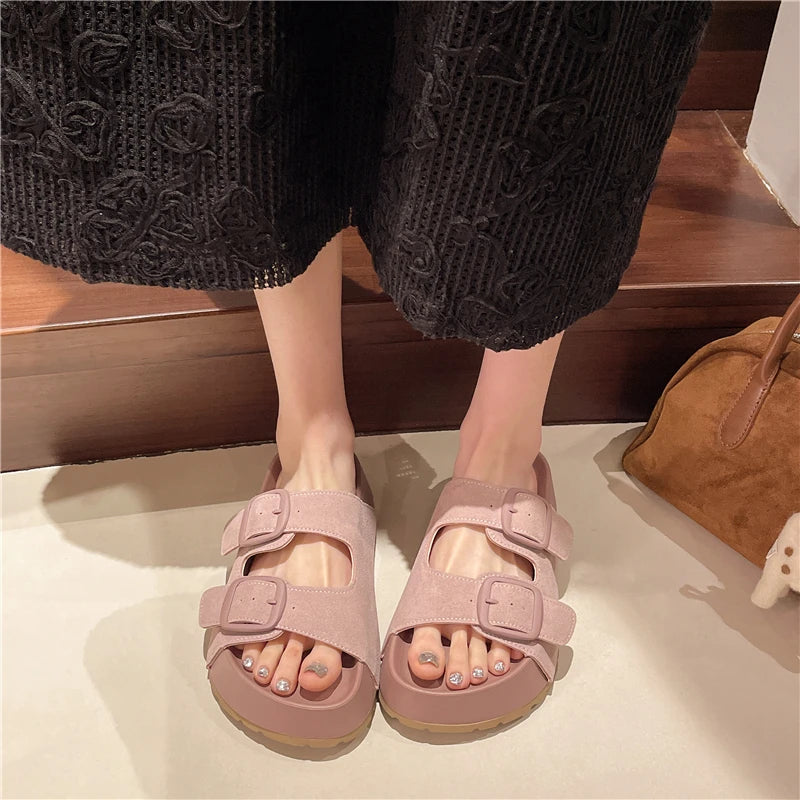 Comfortable Summer Women Slippers with Retro Buckle Design