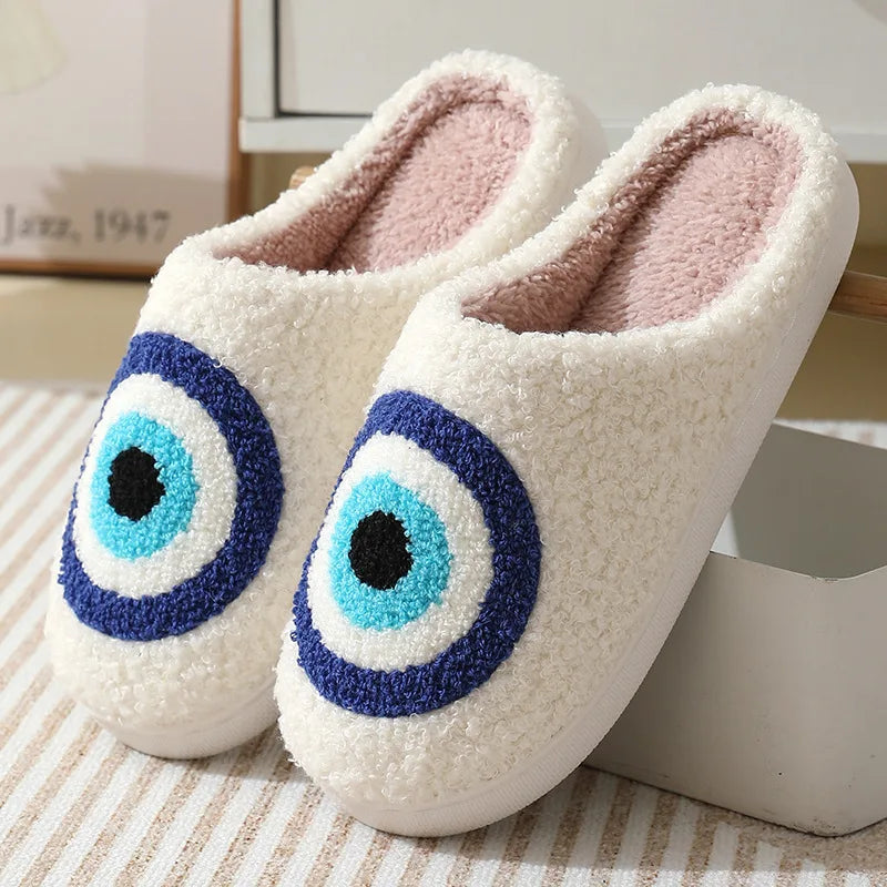 Women's Blue Evil Eye Plush Slippers | Cozy Indoor Nazar Shoes